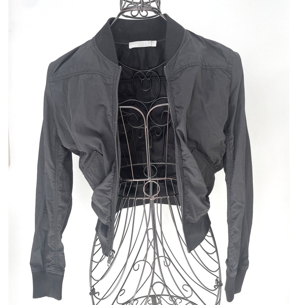 Vince Bomber Jacket Black Cropped Ruched XS Pockets Lightweight‎ Zip-up Utility